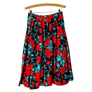 Vintage Leslie Lucks red black floral rose rockabilly grunge midi skirt medium